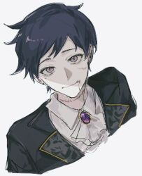 Rule 34 | 1boy, ascot, black jacket, blazer, blue hair, brooch, chinese commentary, closed mouth, collared jacket, collared shirt, commentary request, cropped torso, duzhanjiekedewenrou, ensemble stars!, fushimi yuzuru, grey background, jacket, jewelry, lapels, male focus, mole, mole under eye, notched lapels, open clothes, open jacket, purple brooch, purple eyes, shirt, short hair, simple background, smile, solo, stitched face, stitched neck, stitches, white ascot, white shirt