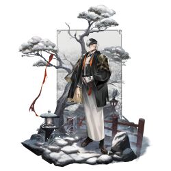 1boy artist_request black_hair blue_eyes chinese_commentary eyepatch facial_hair faux_figurine game_cg girls&#039;_frontline girls&#039;_frontline_neural_cloud headband highres japanese_clothes male_focus mature_male mechanical_arms muscular muscular_male official_alternate_costume official_art python_(neural_cloud) sandals scar scar_on_face scar_on_nose single_mechanical_arm snow solo stone_lantern stubble tabi third-party_source tree white_hair winter zouri