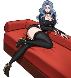 1girl absurdres black_choker black_nails blue_eyes blue_hair breasts bridal_gauntlets choker cleavage couch fingernails high_heels highres jacket leg_up long_hair looking_at_viewer on_couch open_clothes open_jacket original sharp_fingernails thighhighs zeon_(zzeeonn)