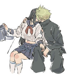 1boy 1girl bag black_hair black_jacket black_pants blonde_hair blue_sailor_collar blue_skirt bracelet cloud_strife cloud_strife_(midgard_seventh_high_school) commentary couple feet_out_of_frame final_fantasy final_fantasy_vii final_fantasy_vii_ever_crisis gakuran highres jacket jewelry kiss kneehighs long_hair long_sleeves midriff midriff_peek morgengischt navel neckerchief official_alternate_costume pants pleated_skirt red_neckerchief sailor_collar school_uniform serafuku short_hair sitting skirt socks spiked_hair symbol-only_commentary tifa_lockhart tifa_lockhart_(midgard_seventh_high_school) white_background white_serafuku white_socks
