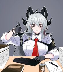 Rule 34 | 1girl, armband, black armband, black choker, black gloves, black horns, black jacket, breasts, can, chest harness, choker, closed mouth, collared shirt, commentary, computer keyboard, curled horns, drink can, earrings, english commentary, frostto, gloves, grey hair, harness, highres, horns, jacket, jacket on shoulders, jewelry, key earrings, large breasts, long hair, looking at viewer, multicolored hair, necktie, paper, pen, red eyes, red necktie, shirt, smile, solo, streaked hair, thumbs up, white shirt, wuthering waves, zani (wuthering waves)