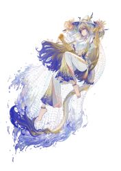 1girl alternate_costume arknights barefoot beads blue_eyes breasts closed_mouth dragon_girl dragon_horns dragon_tail eastern_dragon_horns eastern_dragon_tail fishnets hair_between_eyes hair_ornament hat holding horns ling_nian_dolly long_hair looking_at_viewer medium_breasts midriff navel ocean pointy_ears short_sleeves shu_(arknights) simple_background solo stomach tail water white_background witch_hat