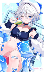 1girl absurdres alternate_costume bandaid bandaid_on_knee bandaid_on_leg bandeau blue_bandeau blue_choker blue_eyes blue_nails breasts cake cake_slice choker collarbone crossed_bandaids drop-shaped_pupils dutch_angle food furina_(genshin_impact) genshin_impact gentilhomme_usher grey_hair hat highres holding holding_cake holding_food jacket licking_lips looking_at_viewer nail_polish one_eye_closed open_clothes open_jacket rinmel9 small_breasts solo symbol-shaped_pupils tongue tongue_out white_hat white_jacket