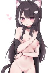 Rule 34 | 1girl, animal ears, anlacki, arm across chest, black choker, black hair, braid, breasts, cat ears, cat girl, cat tail, choker, cloud hair ornament, embarrassed, extra ears, heart, highres, long hair, looking at viewer, medium breasts, multicolored hair, navel, off shoulder, open clothes, original, pink eyes, pussy, side braid, simple background, stomach, streaked hair, tail, two-tone hair, white background, white hair