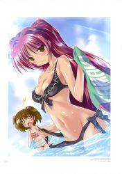 Rule 34 | 2girls, absurdres, bikini, black bikini, blush, breasts, brown eyes, brown hair, cleavage, collarbone, cowboy shot, dutch angle, groin, hair ribbon, highres, innertube, komatsu eiji, kousaka tamaki, long hair, medium breasts, midriff, multiple girls, navel, ocean, open mouth, outdoors, pink bikini, pink ribbon, ribbon, shiny skin, side-tie bikini bottom, smile, stomach, swim ring, swimsuit, to heart (series), to heart 2, twintails, untied bikini, very long hair, wading, yuzuhara konomi
