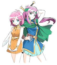 2girls aqua_skirt arm_behind_head bare_shoulders blue_eyes blue_tunic bracer breasts brooch cloak cowboy_shot dede_(qwea_00000) dress earrings faris_scherwiz final_fantasy final_fantasy_v gem gold_trim green_cloak green_headband hand_on_own_hip headband holding holding_sword holding_weapon jewelry lenna_charlotte_tycoon long_hair medium_breasts medium_hair multiple_girls orange_dress own_hands_together pink_hair pleated_skirt popped_collar purple_hair red_gemstone siblings sisters sketch skirt sleeveless sleeveless_dress sword tunic weapon white_background