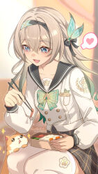 1girl aqua_hair artist_name bento black_skirt buttons chopsticks collarbone commentary_request double-breasted firefly_(honkai:_star_rail) firefly_(spring_missive)_(honkai:_star_rail) gradient_hair grey_hair grey_sailor_collar hair_between_eyes heart highres holding holding_chopsticks honkai:_star_rail honkai_(series) long_hair looking_at_animal multicolored_hair open_mouth orange_cat plaid_clothes plaid_skirt purple_eyes sailor_collar shirt skirt so_zei_tama_tama solo spoken_heart squatting thighhighs very_long_hair white_shirt white_thighhighs