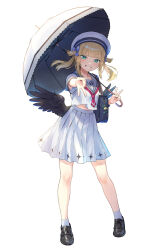 1girl animal_charm bag black_shoes black_wings blonde_hair blue_bow blunt_bangs blush bow commentary_request double_v feathered_wings full_body green_eyes grey_sailor_collar grey_skirt grin hair_bow hat highres holding holding_umbrella kanipanda loafers low_wings midriff_peek necktie original pink_necktie sailor_collar sailor_hat school_bag school_uniform shirt shoes short_hair shoulder_bag simple_background skirt smile socks solo standing umbrella v white_background white_shirt white_socks wings