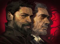 Rule 34 | 2boys, beard, billy butcher, black eyes, black jacket, brown hair, closed mouth, facial hair, from side, grey hair, hieumay, highres, jacket, joe kessler, looking at viewer, male focus, multiple boys, portrait, red background, short hair, sideways glance, smile, the boys