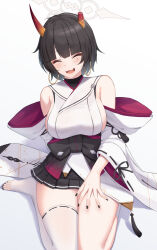 Rule 34 | 1girl, asymmetrical horns, black bridal gauntlets, black hair, blue archive, blush, breasts, bridal gauntlets, broken horn, commentary, demon girl, demon horns, detached sleeves, earrings, fingernails, fuka kurotsuji, gradient horns, halo, highres, hoop earrings, horns, japanese clothes, jewelry, kimono, large breasts, mole, mole under eye, multicolored horns, nail polish, niya (blue archive), open mouth, orange horns, ribbon-trimmed sleeves, ribbon trim, seiza, short hair, sideboob, sideless kimono, single thighhigh, sitting, sleeveless, sleeveless kimono, smile, solo, thighhighs, thighs, white halo, white kimono