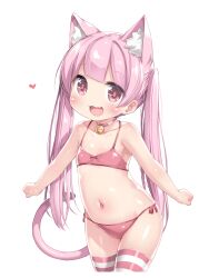 Rule 34 | 1girl, animal ear fluff, animal ears, bell, bikini, blush, cat ears, cat girl, cat tail, choker, collarbone, commentary, cropped legs, extra ears, fang, flat chest, heart, highres, jingle bell, long hair, navel, neck bell, open mouth, original, pink bikini, pink choker, pink eyes, pink hair, pink thighhighs, side-tie bikini bottom, simple background, skin fang, smile, solo, striped clothes, striped thighhighs, swimsuit, tail, tamase tama, thighhighs, twintails, very long hair, white background