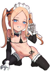1girl abigail_williams_(fate) absurdres bare_shoulders bikini black_bikini black_bow black_thighhighs blonde_hair blue_eyes blush bow bowtie breasts collarbone covered_erect_nipples detached_collar elbow_gloves fate/grand_order fate_(series) forehead gloves grin hair_bow highres loli long_hair looking_at_viewer maid maid_bikini maid_headdress micro_bikini navel orange_bow parted_bangs shinonome_yuki sidelocks small_breasts smile solo sweat swimsuit thighhighs twintails unconventional_maid white_gloves wrist_cuffs