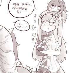 1boy 4girls :&lt; :i animal_ears black_lilith blush bulga chibi commander_(last_origin) crossed_arms dog_ears dog_girl fenrir_(last_origin) greyscale hachiko_of_castling highres korean_text last_origin long_hair maid_headdress mini_person minigirl monochrome multiple_girls on_head pout puffy_cheeks simple_background snow_feather_(last_origin) spot_color white_background wolf_ears wolf_girl