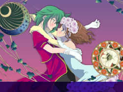 2girls ahoge asellus_(saga_frontier) blue_eyes blush brown_hair dress elbow_gloves flower frown gloves green_hair kannazuki_no_miko miko_embrace moon multiple_girls nora-toro pants parody princess_white_rose red_eyes rose saga saga_frontier short_hair style_parody white_flower white_rose