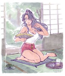 Rule 34 | 1girl, bare shoulders, breasts, brown eyes, brown hair, cleavage, fatal fury, female focus, folded fan, folding fan, hand fan, high ponytail, holding, holding fan, large breasts, long hair, ooobxdooo, pink shorts, ponytail, revealing clothes, shiranui mai, shorts, snk, solo, tank top, the king of fighters, thighs, white tank top