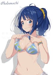 1girl ahoge bikini blue_bikini blue_eyes blue_hair blush bracelet breasts closed_mouth commentary hair_ornament hair_scrunchie high_ponytail highres index_fingers_together jewelry large_breasts looking_at_viewer make_heroine_ga_oo_sugiru! medium_hair multiple_bracelets navel oyatsu_(1727318) ponytail print_bikini scrunchie shadow side-tie_bikini_bottom simple_background smile solo swimsuit twitter_username upper_body white_background yanami_anna yellow_scrunchie