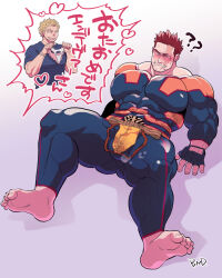 Rule 34 | 2boys, ?, ??, bara, barefoot, biceps, black shirt, blonde hair, blush, boku no hero academia, character name, clenched teeth, commentary request, covered abs, covered pectorals, dirty, dirty clothes, endeavor (boku no hero academia), fingerless gloves, gloves, hawks (boku no hero academia), holding, holding panties, holding underwear, holding unworn clothes, jockstrap, looking down, male focus, male underwear, multiple boys, muscular, muscular male, open mouth, panties, pectorals, red hair, scar, scar across eye, scar on face, sekijaku, shirt, signature, smile, speech bubble, superhero costume, teeth, translation request, underwear