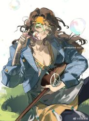 1boy 2023 acoustic_guitar arm_tattoo artist_name blowing_bubbles blue_jacket blue_pants brown_hair bubble bubble_wand cowboy_shot curly_hair diggers_(reverse:1999) glasses green-framed_eyewear green_eyes guitar hippie holding holding_instrument holding_wand instrument jacket jewelry krab_(fumekrab) long_hair looking_at_viewer male_focus necklace novelty_glasses on_grass pants peace_symbol reverse:1999 shirt sitting solo tattoo wand watermark weibo_watermark white_shirt