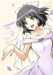 1girl black_hair blush bridal_veil dated dress earrings flower_earrings green_eyes hair_ornament highres jewelry kanna_(plum) kohinata_miku looking_at_viewer numbered open_mouth painttool_sai_(medium) petals senki_zesshou_symphogear short_hair signature simple_background smile solo twitter_username veil wedding_dress white_dress