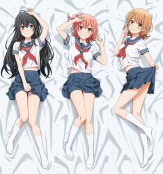 3girls arm_up bed_sheet black_hair blue_eyes blush breasts brown_eyes brown_hair clothes_lift collarbone dakimakura_(medium) female_focus flat_chest full_body grabbing_own_skirt grey_skirt highres isshiki_iroha legs long_hair looking_at_viewer lying miniskirt multiple_girls official_art on_back on_side orange_eyes orange_hair pleated_skirt school_uniform serafuku short_hair short_sleeves side_ponytail skirt skirt_lift small_breasts smirk socks stomach teeth thighs white_serafuku white_socks yahari_ore_no_seishun_lovecome_wa_machigatteiru. yuigahama_yui yukinoshita_yukino