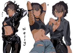 Rule 34 | 1girl, black hair, black jacket, black pants, black shirt, character request, copyright request, cosplay, costume switch, cutoffs, fishnets, jacket, multiple views, navel, pants, shirt, short hair, shorts, sports bra, torn clothes, torn shorts, yongsadragon