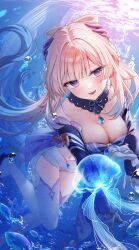 1girl absurdres bare_shoulders blue_gemstone blue_hair blush bow-shaped_hair breasts cleavage commentary daji gem genshin_impact highres hydro_symbol_(genshin_impact) large_breasts long_hair looking_at_viewer lower_teeth_only multicolored_hair navel parted_lips pink_hair purple_eyes sangonomiya_kokomi solo stomach teeth thighhighs underwater very_long_hair vision_(genshin_impact) white_thighhighs