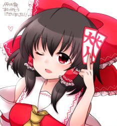 1girl ascot black_hair bow detached_sleeves female_focus hair_bow hair_tubes hakurei_reimu heart ofuda one_eye_closed red_eyes shiohachi simple_background solo touhou upper_body white_background yellow_ascot