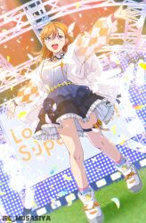 Rule 34 | 1girl, :d, absurdres, black skirt, blue shirt, blush, brown hair, copyright name, dutch angle, frilled skirt, frills, full body, gradient clothes, gradient shirt, hair between eyes, hajimari wa kimi no sora, highres, idol, long hair, long sleeves, love live!, love live! superstar!!, miniskirt, musashiya chougenbou, open mouth, outstretched arms, outstretched hand, purple eyes, shibuya kanon, shirt, skirt, smile, socks, solo, twitter username, white shirt