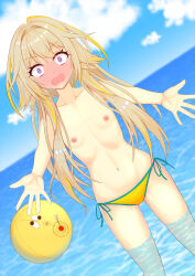 1girl @_@ absurdres aura_yagg ball beachball bikini bikini_bottom_only blonde_hair blue_sky blush cloud commentary_request cowboy_shot day dutch_angle flat_chest full-face_blush highres ieiri_popo long_hair looking_at_viewer multicolored_hair nanashi_inc. navel nipples ocean open_mouth outdoors purple_eyes sidelocks sky solo streaked_hair swimsuit topless_female very_long_hair virtual_youtuber wading water yellow_bikini