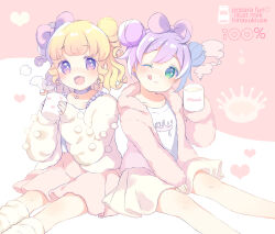 2girls :d :q between_legs blonde_hair blush bow choker colored_eyelashes cup curly_hair double_bun english_text green_eyes hair_bow hair_bun hand_between_legs hand_up hands_up heart heart_choker highres hinayuki_usa holding holding_cup hood hood_down hoodie legs_apart long_sleeves looking_at_viewer manaka_laala manaka_laala_(normal) medium_hair milk miniskirt multiple_girls no_pupils non-web_source nose_blush open_clothes open_hoodie open_mouth open_shirt pink_background pink_bow pink_hoodie pink_skirt pretty_series print_shirt pripara purple_choker purple_eyes purple_hair romaji_text shirt short_hair simple_background sitting skirt smile star_(symbol) star_in_eye steam straight_hair symbol_in_eye tongue tongue_out two-tone_background white_shirt white_skirt yumekawa_yui