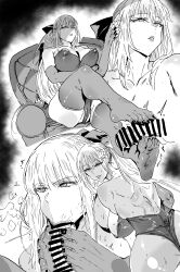 1girl absurdres armchair breasts chair elbow_gloves fate/grand_order fate_(series) feet fellatio footjob gloves highres hiro_(user_negm3832) large_breasts long_hair looking_at_viewer monochrome morgan_le_fay_(fate) nipple_slip nipples oral parted_lips ponytail see-through_clothes see-through_legwear sitting soles toes
