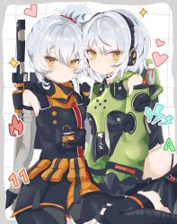 2girls absurdres anby_demara belted_skirt black_gloves gloves green_jacket grey_hair headphones highres jacket multiple_girls orange_eyes ponytail short_hair sleeveless sleeveless_jacket soldier_11_(zenless_zone_zero) tinted_eyewear white_hair yellow-tinted_eyewear yu_(pixiv_91499083) zenless_zone_zero