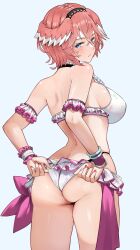 1girl absurdres adjusting_clothes adjusting_swimsuit arm_garter ass bikini bikini_skirt blue_eyes blush breasts frilled_bikini frills hair_between_eyes hairband head_wings highres hololive hololive_summer_2022_swimsuit large_breasts looking_at_viewer pink_hair print_bikini short_hair solo swimsuit takane_lui tomo0843 variant_set virtual_youtuber white_bikini wings