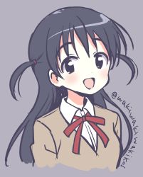 1girl :d absurdres black_eyes black_hair blush brown_sweater collared_shirt commentary_request female_focus grey_background hair_between_eyes hair_tie head_tilt highres long_hair looking_at_viewer neck_ribbon neki_(wakiko) open_mouth red_ribbon ribbon school_rumble shirt simple_background sketch smile solo sweater tsukamoto_tenma twitter_username two_side_up upper_body very_long_hair white_shirt