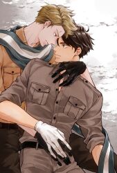 2boys axis_powers_hetalia blonde_hair brown_eyes brown_hair ca_lamari collared_shirt face-to-face gloves green_eyes hair_slicked_back highres indonesia_(hetalia) jacket male_focus multiple_boys netherlands_(hetalia) scar scar_on_face scar_on_forehead scarf shirt short_hair spiked_hair yaoi