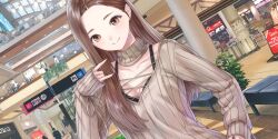 Rule 34 | 1girl, 6+others, \||/, black bra, blue reflection (series), blue reflection sun, bra, breasts, brown collar, brown eyes, brown hair, brown sweater, ceiling light, cleavage, closed mouth, collar, collarbone, detached collar, dutch angle, forehead, game cg, hand on own hip, hanging plant, highres, ikoma ayami, indoors, ivy, kishida mel, large breasts, long hair, looking at viewer, mall, multiple others, non-web source, official art, plant, potted plant, railing, ribbed sweater, sign, skylight, sleeves past wrists, smile, solo focus, straight hair, sweater, underwear, upper body