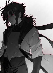 1boy absurdres alternate_universe angry antenna_hair armor arms_at_sides buttons chinese_commentary closed_mouth coat commentary_request cowboy_shot curtained_hair elbow_gloves film_grain frisk_(undertale) from_side gloves glowing glowing_eyes gradient_background grey_background greyscale hair_tie hanbaobaobaozhu highres hood hood_down hooded_coat long_hair looking_at_viewer low_ponytail male_focus monochrome open_clothes open_coat outline pants ponytail red_eyes red_outline sidelocks simple_background solo spot_color standing sweater three-quarter_sleeves turtleneck turtleneck_sweater undertale v-shaped_eyebrows white_background xtale