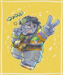 1boy beard blue_skin character_name chibi colored_skin facial_hair fangs goggles gradient_hair grey_pants highres igarashi_(igarashi_ta) live_a_hero looking_at_viewer male_focus multicolored_hair one_eye_closed open_mouth orc pants senthak_(live_a_hero) smile star_(symbol) swept_bangs v