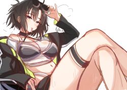 Rule 34 | 0nineo9, 1boy, 1girl, bare shoulders, bikini, black bikini, black hair, breasts, collarbone, cropped jacket, crossed legs, fate/grand order, fate (series), female focus, glasses, highres, kokutou mikiya, large breasts, medium hair, official alternate costume, ryougi shiki, ryougi shiki (swimsuit mooncancer), simple background, sitting, sunglasses, sunglasses on head, swimsuit, thigh strap, utensil in mouth, white background