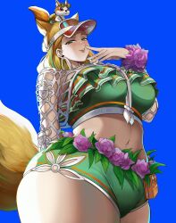 1girl absurdres animal_ears blonde_hair blue_background breasts brown_tail earrings flower green_shorts highres hoop_earrings inkspirate jewelry large_breasts leaf looking_at_viewer marvel marvel_rivals navel official_alternate_costume purple_flower short_shorts shorts simple_background solo squirrel squirrel_ears squirrel_girl squirrel_girl_(marvel) squirrel_girl_(sunshine_squirrel)_(marvel) squirrel_tail tail visor_cap