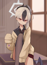 1girl absurdres black_hair black_horns black_shirt blue_archive blurry blurry_background brown_jacket brown_thighhighs candy collared_shirt commentary_request demon_horns ear_piercing food grey_hair hair_between_eyes halo highres holding holding_candy holding_food holding_lollipop horns jacket kayoko_(blue_archive) leg_up lollipop looking_at_viewer necktie parted_lips piercing plaid_clothes plaid_skirt pleated_skirt purple_wings red_eyes red_necktie red_skirt shiroiurushi shirt single_wing sitting skirt sleeves_past_fingers sleeves_past_wrists solo thighhighs wings