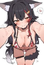1girl animal_ear_fluff animal_ears artist_request bikini black_choker black_hair blush breasts brown_eyes choker cleavage hair_ornament heart hololive large_breasts leaf_print leaning_forward long_hair multicolored_hair navel odaime ookami_mio orange_eyes reaching reaching_towards_viewer red_bikini red_hair skindentation smile solo spoken_heart standing sweat swimsuit tail tail_around_own_leg thigh_strap very_long_hair virtual_youtuber white_background white_bikini wolf_ears wolf_girl wolf_tail