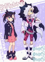 1girl 2boys ankle_boots arms_at_sides asymmetrical_bangs asymmetrical_gloves belt black_choker black_footwear black_hair black_jacket black_nails blush boots brother_and_sister choker closed_mouth commentary_request cropped_jacket dress gen_8_pokemon gloria_(pokemon) gloves green_eyes gym_leader hair_ribbon highres jacket knees long_hair looking_at_viewer marnie_(pokemon) mismatched_gloves multicolored_hair multiple_boys nail_polish nintendo open_clothes open_jacket piers_(pokemon) pink_dress pokemon pokemon_swsh red_ribbon ribbon siblings standing toxel translation_request two-tone_hair uneven_gloves victor_(pokemon) white_hair white_jacket yamunashi