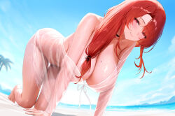 1girl all_fours beach black_choker blue_sky blush breasts character_request choker closed_mouth commentary_request copyright_request day hanging_breasts highres huge_breasts kiek_qaq long_hair looking_at_viewer mole mole_on_breast mole_under_eye outdoors red_eyes red_hair see-through_clothes sky smile solo wet