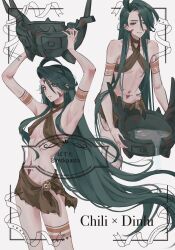 1girl armor arms_up breasts brown_skirt cosplay covered_erect_nipples ear_piercing earrings english_text facepaint green_hair highres holding jewelry long_hair looking_at_viewer mtkpasta multiple_views narrow_waist navel_piercing nintendo open_mouth parted_lips piercing pokemon pokemon_sv ponytail red_eyes rika_(pokemon) simple_background skinny skirt small_breasts tattoo ting-lu_(pokemon) triangle_earrings tribal_tattoo very_long_hair white_background