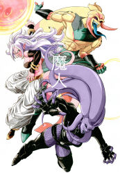 1boy 2girls absurdres android_21 baggy_pants black_gloves black_leotard black_lips black_sclera blue_eyes boots bracelet breasts cleavage cleavage_cutout clothing_cutout colored_sclera colored_skin commentary detached_sleeves dragon_ball dragon_ball_fighterz earrings energy english_commentary eyeshadow fangs female_majin fingerless_gloves fingernails fishnets gloves gold_bracelet highres hoop_earrings jewelry leotard long_tongue majin_android_21 makeup messy_hair multicolored_skin multiple_bracelets multiple_girls muscular muscular_female muscular_male no_humans open_hands open_mouth orange_skin original pants pink_skin pointy_ears purple_eyeshadow purple_skin sharp_fingernails sharp_teeth silverwoodwork strapless tail teeth thigh_boots tongue tongue_out topless_male trait_connection translation_request tube_top very_long_tongue white_background white_hair yellow_skin