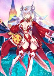 1girl armor armored_boots armored_gloves boots breasts britomart_(fate) britomart_(third_ascension)_(fate) cleavage closed_mouth clothing_cutout collared_shrug double_bun fate/grand_order fate_(series) floating_hair foot_out_of_frame game_cg gloves groin hair_bun hair_ornament highleg highleg_leotard holding holding_behind_back holding_sword holding_weapon holding_weapon_behind_back impossible_clothes large_breasts leg_up leotard long_hair long_pointy_ears long_sleeves looking_at_viewer low_neckline matsuryuu navel navel_cutout official_art outstretched_arm pointy_ears puffy_long_sleeves puffy_sleeves purple_hair red_gloves red_leotard red_shrug red_skirt red_thighhighs revealing_clothes reverse_grip showgirl_skirt shrug_(clothing) sidelocks skirt smile solo strapless strapless_leotard sword thighhighs third-party_source twintails underboob variant_set very_long_hair weapon white_armor yellow_eyes
