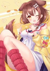 1girl absurdres animal_ears bone_hair_ornament brown_hair choker convenient_leg dog_ears dog_girl dog_tail fang hair_ornament hajime_yo highres hololive inugami_korone jacket long_sleeves looking_at_viewer one_eye_closed open_mouth shirt solo tail virtual_youtuber white_shirt yellow_jacket