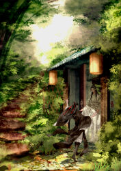 Rule 34 | 2boys, black boots, black hair, black hanfu, boots, chinese clothes, chinese commentary, closed eyes, closed mouth, dizi, flute, foliage, full body, gate, grass, hair ribbon, half updo, hanfu, headband, high ponytail, highres, holding, holding flute, holding instrument, instrument, lan wangji, lantern, long sleeves, male focus, modao zushi, multiple boys, outdoors, outstretched arms, pants, ponytail, red ribbon, ribbon, sash, stairs, standing, stone stairs, taifeng jun yijing qi zhi le, transverse flute, tree, wei wuxian, white boots, white hanfu, white headband, white pants, white sash, wide sleeves