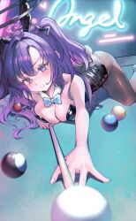 1girl all_fours alternate_costume angel_setsuna animal_ear_hairband animal_ears bare_arms bare_shoulders billiards black_hairband black_leotard black_pantyhose blue_archive blue_bow blue_bowtie blush bow bowtie breasts cleavage closed_mouth cue_stick detached_collar fake_animal_ears fake_tail hairband highres holding holding_pole large_breasts leotard long_hair on_table pantyhose playboy_bunny pole pool_table rabbit_ear_hairband rabbit_ears rabbit_tail sidelocks smile solo strapless strapless_leotard table tail two_side_up very_long_hair yuuka_(blue_archive)